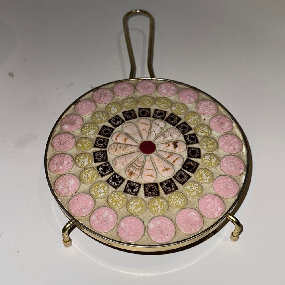 Vintage Trivet Micro Mosaic Tile Mid-Century Metal Frame Handle Handmade